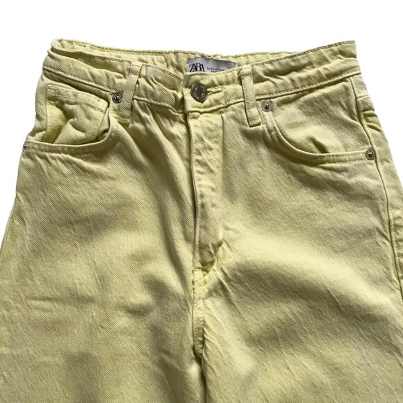 Zara High Rise Wide Leg Jeans Womens 2 Lime Green Raw Hem Denim Pants Boho - Picture 5 of 11